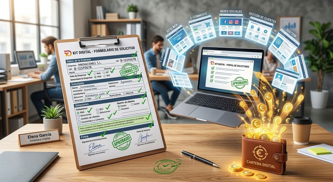 Solicitud del Kit Digital aprobada en un escritorio, con las soluciones digitales y el bono en euros