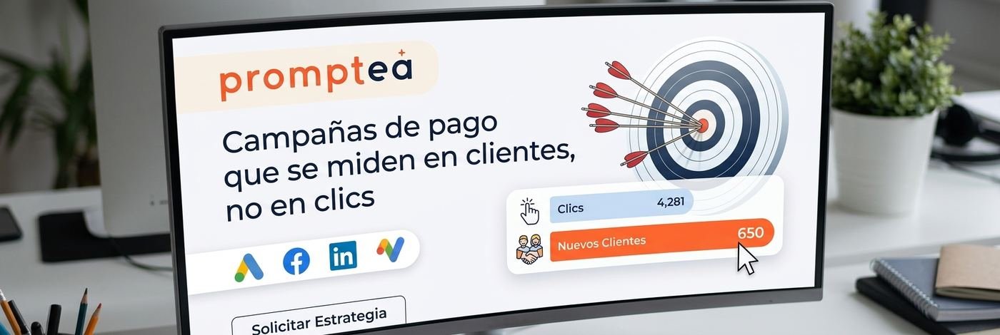 Pantalla con una campaña de Promptea: campañas de pago que se miden en clientes, con clics y nuevos clientes