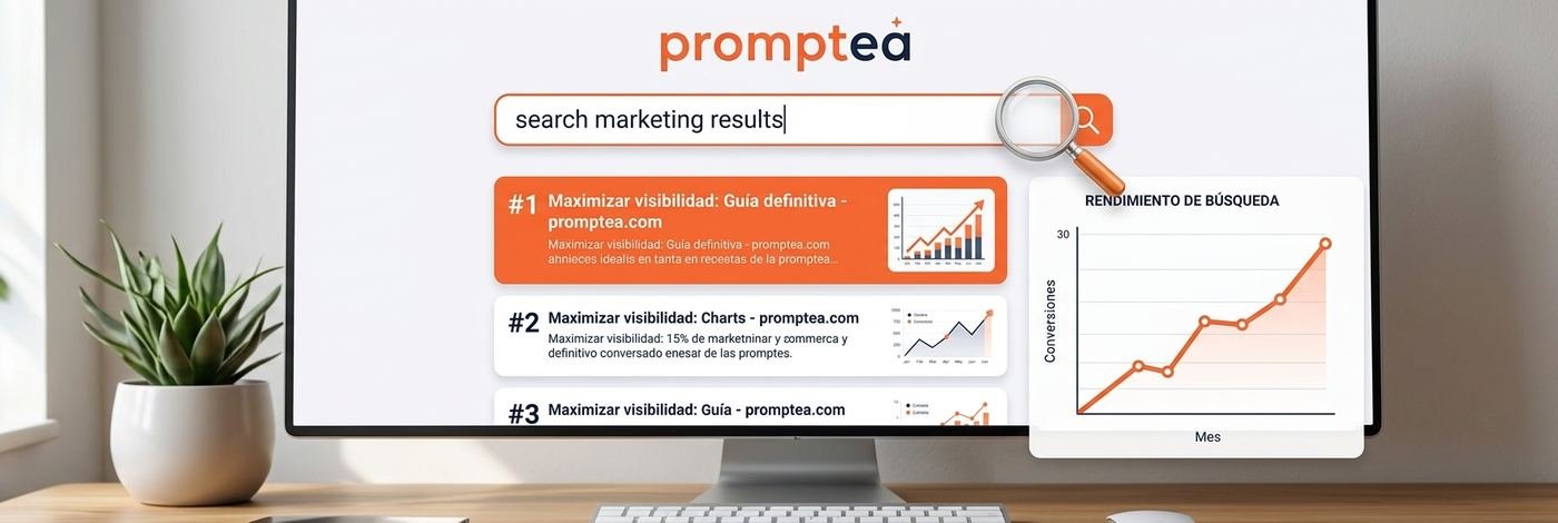 Buscador con los resultados de Promptea en primera posición y gráfica de rendimiento de búsqueda al alza