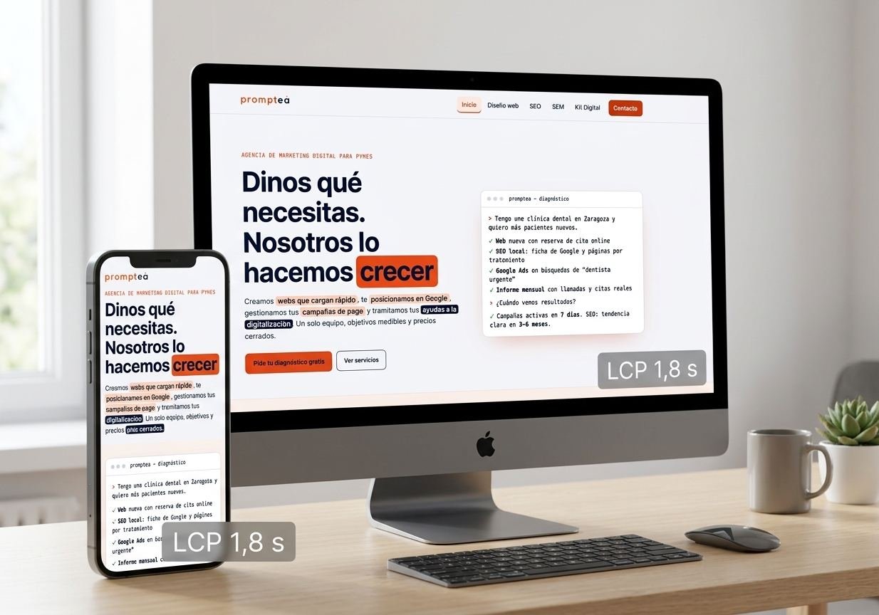 Web de Promptea vista en un ordenador y en un móvil, con un tiempo de carga LCP de 1,8 segundos